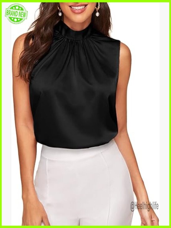 Tops - Elegant Sleeveless Satin Blouse with Tie Back and Pleated Mock Neck